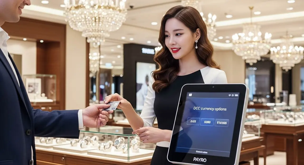 DCC 통화 선택 화면이 표시된 PAYRO 태블릿 단말기
